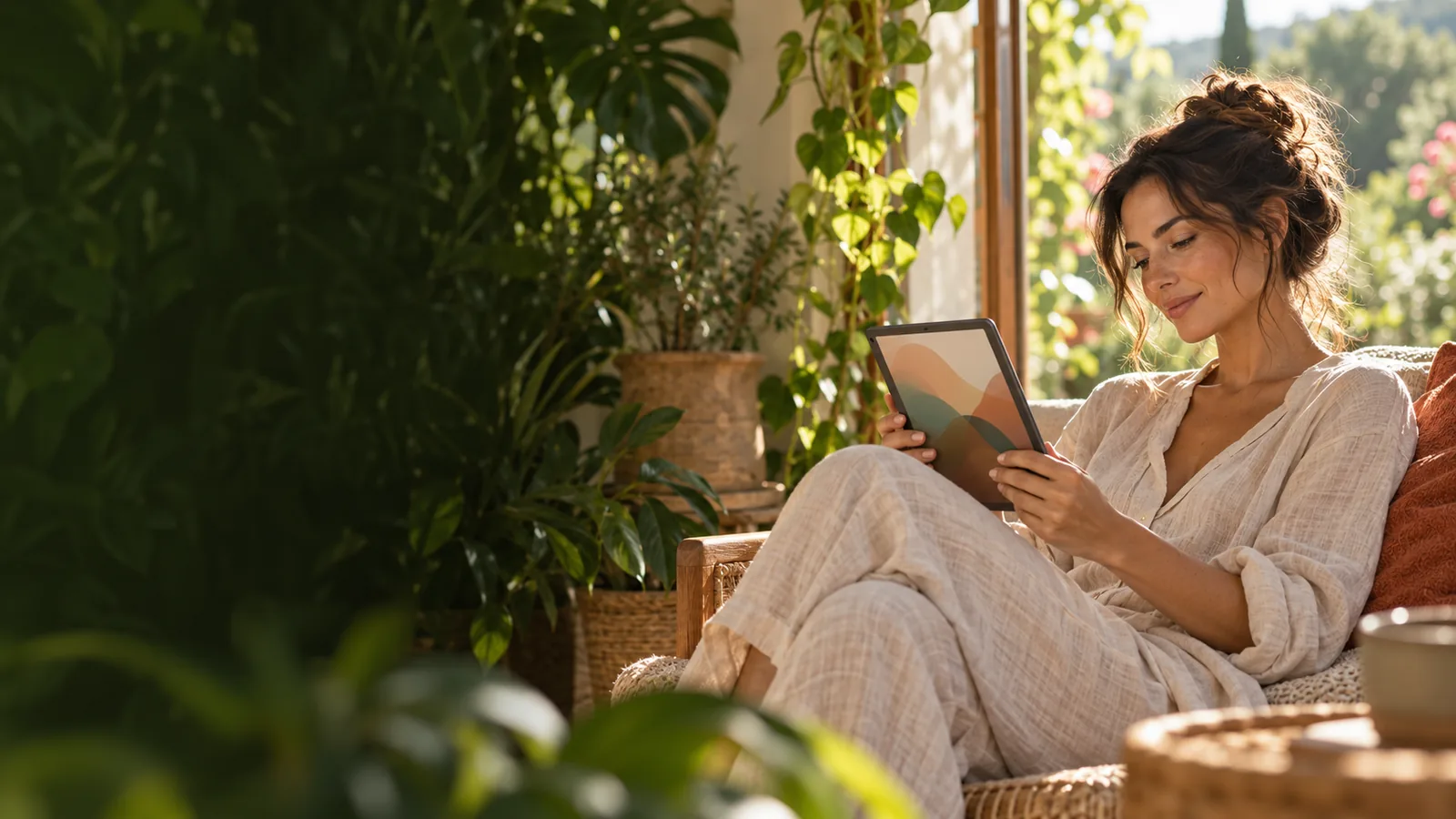 Woman reading a digital wellness guide on a tablet