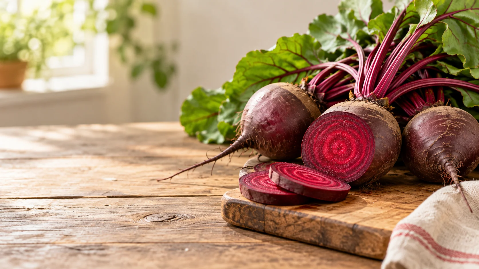 Sliced beetroot and leafy greens arranged on a kitchen table