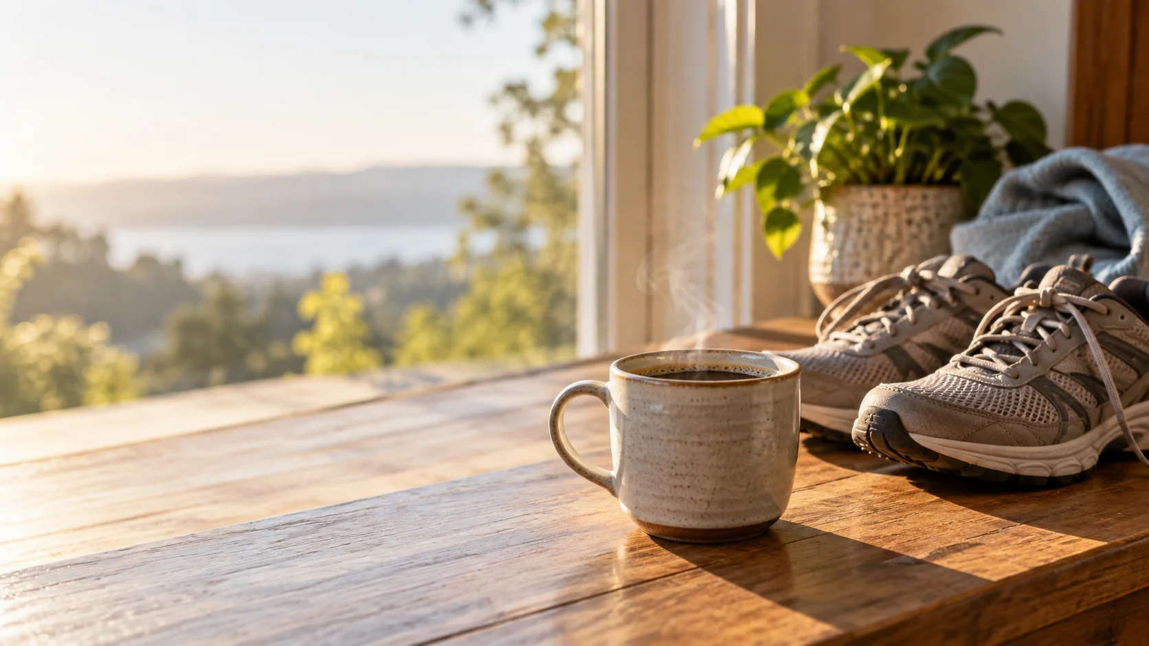 A cup of coffee beside walking shoes in morning light
