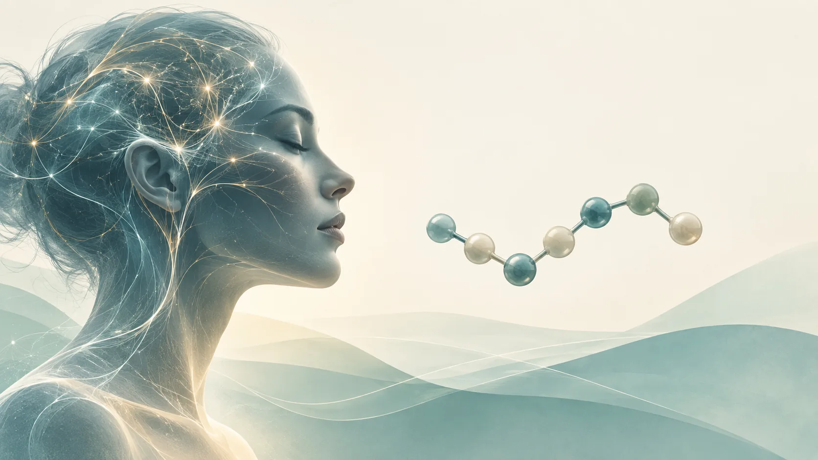 Calm abstract illustration of a human brain and a short peptide chain