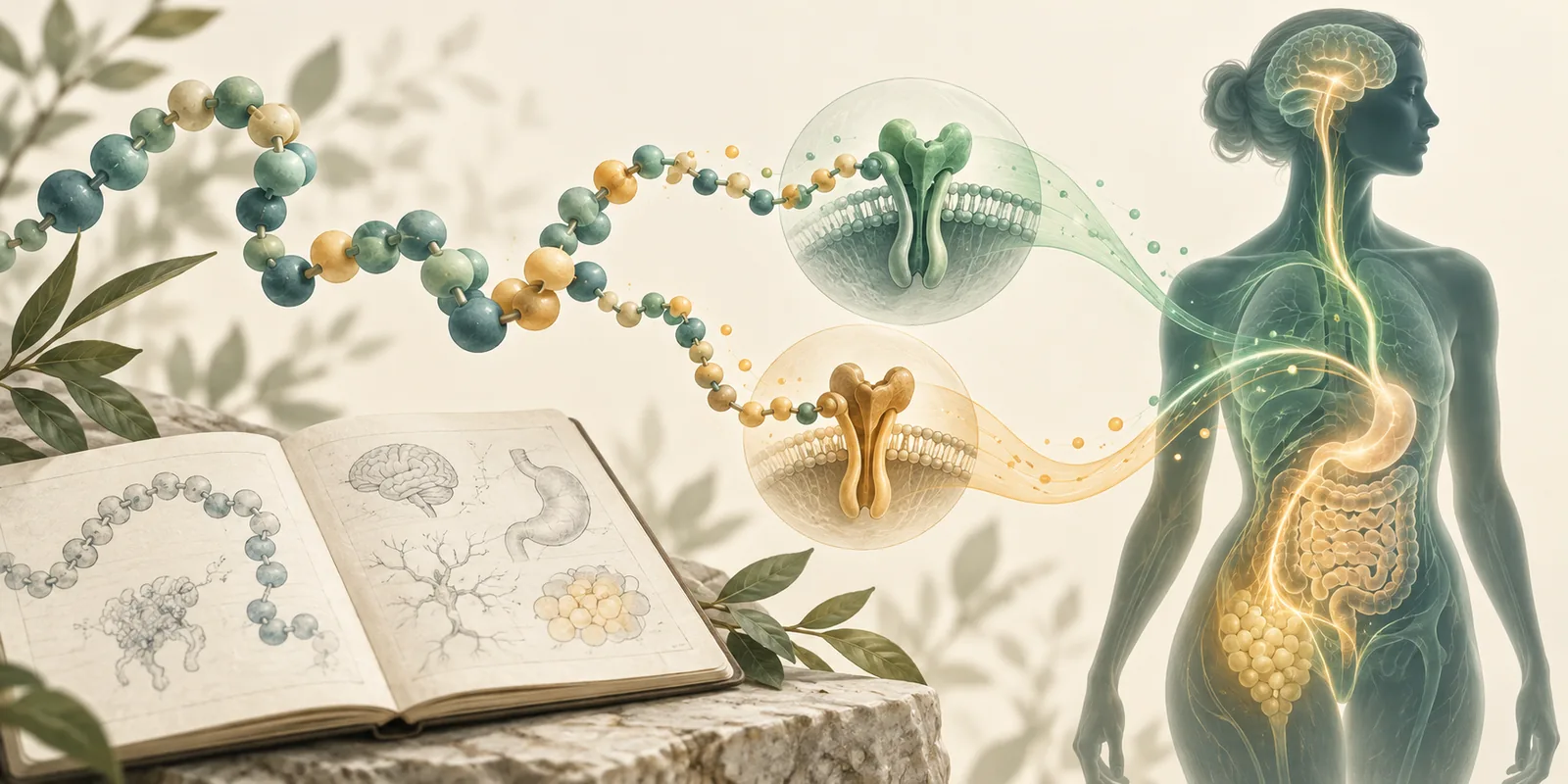 Editorial illustration of a peptide chain connecting two receptor pathways with a human metabolic silhouette
