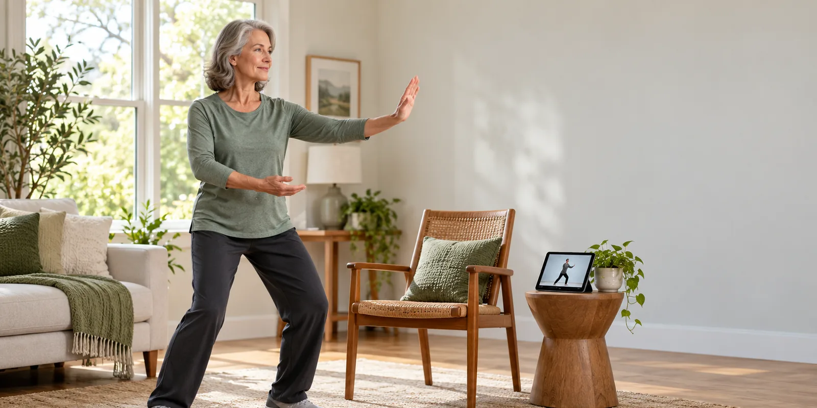 Older adult practicing a gentle tai chi movement at home beside a chair and video lesson.