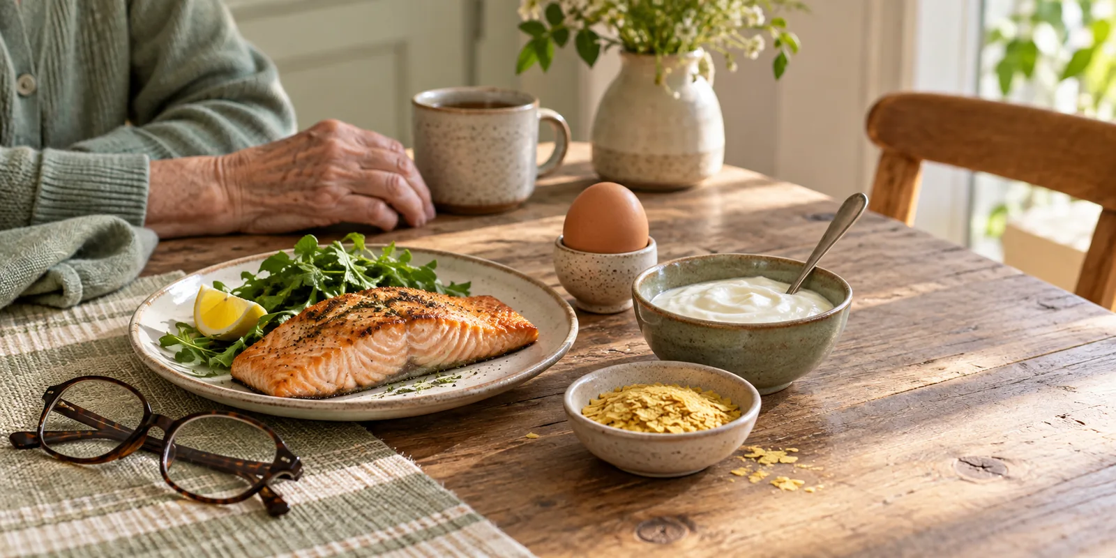 Salmon, egg, yogurt, and nutritional yeast on a kitchen table beside an older adult.