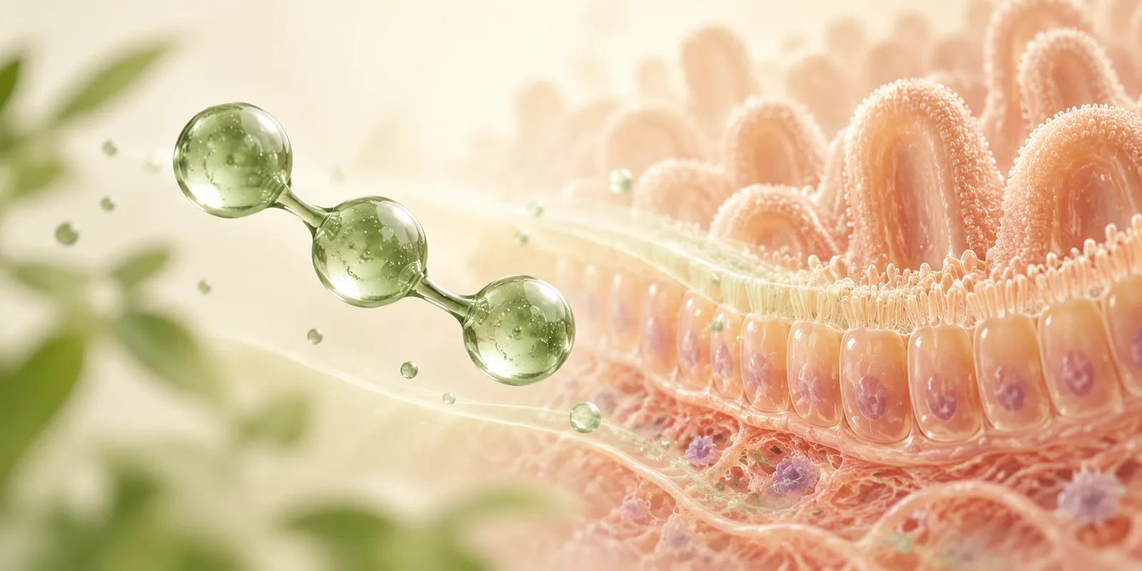 Abstract three-part peptide beside an illustrated intestinal lining