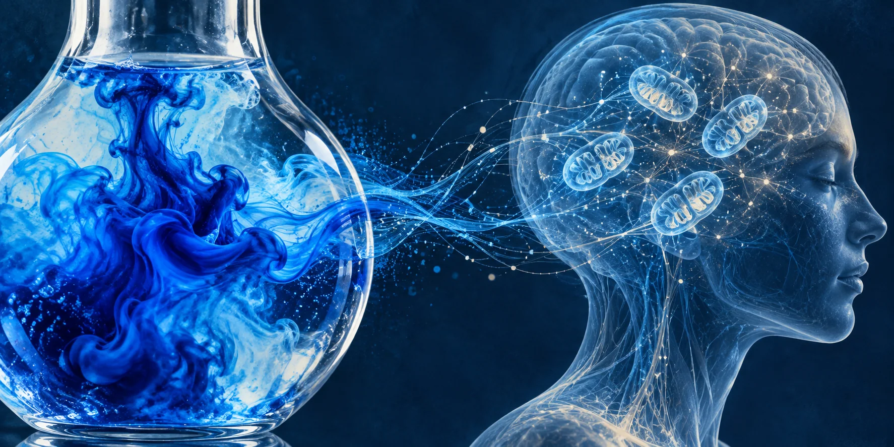 Conceptual blue dye in glass beside an illustrated human head