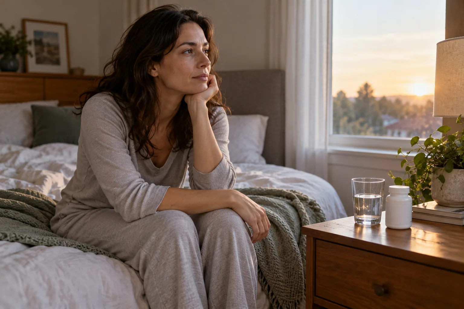 Woman awake in a softly lit bedroom beside a glass of water and an unlabelled supplement bottle