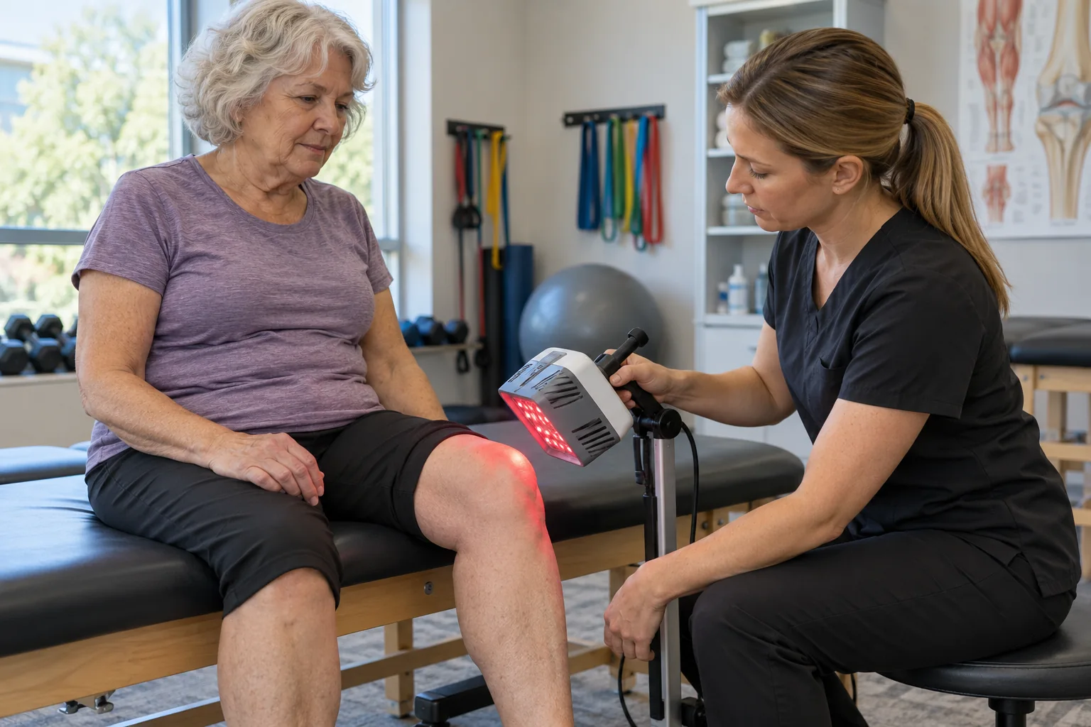 Clinician positioning a small red-light therapy device near an older adult's knee in a therapy room