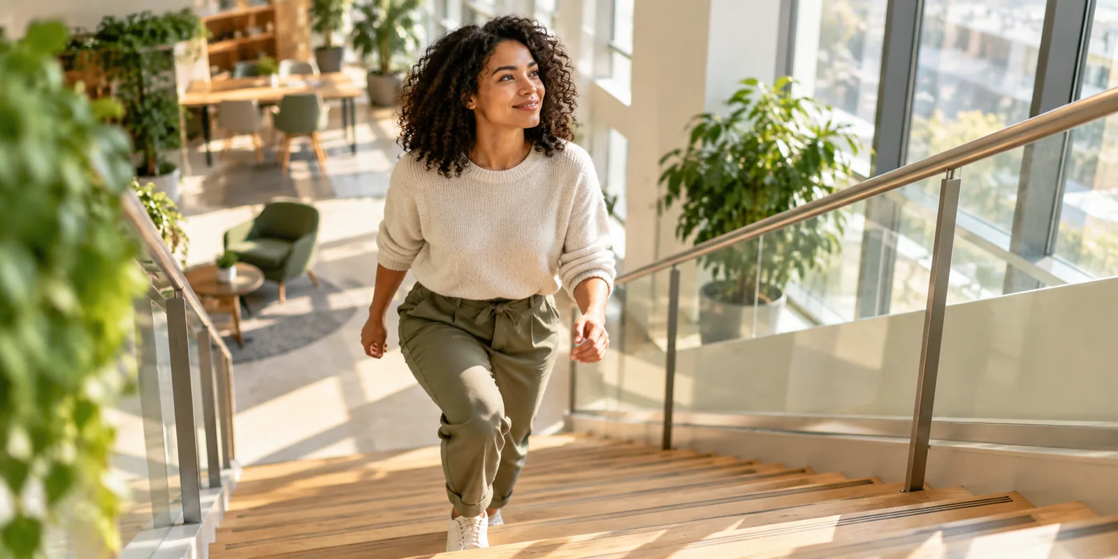 Adult walking up a sunlit indoor staircase during a work break