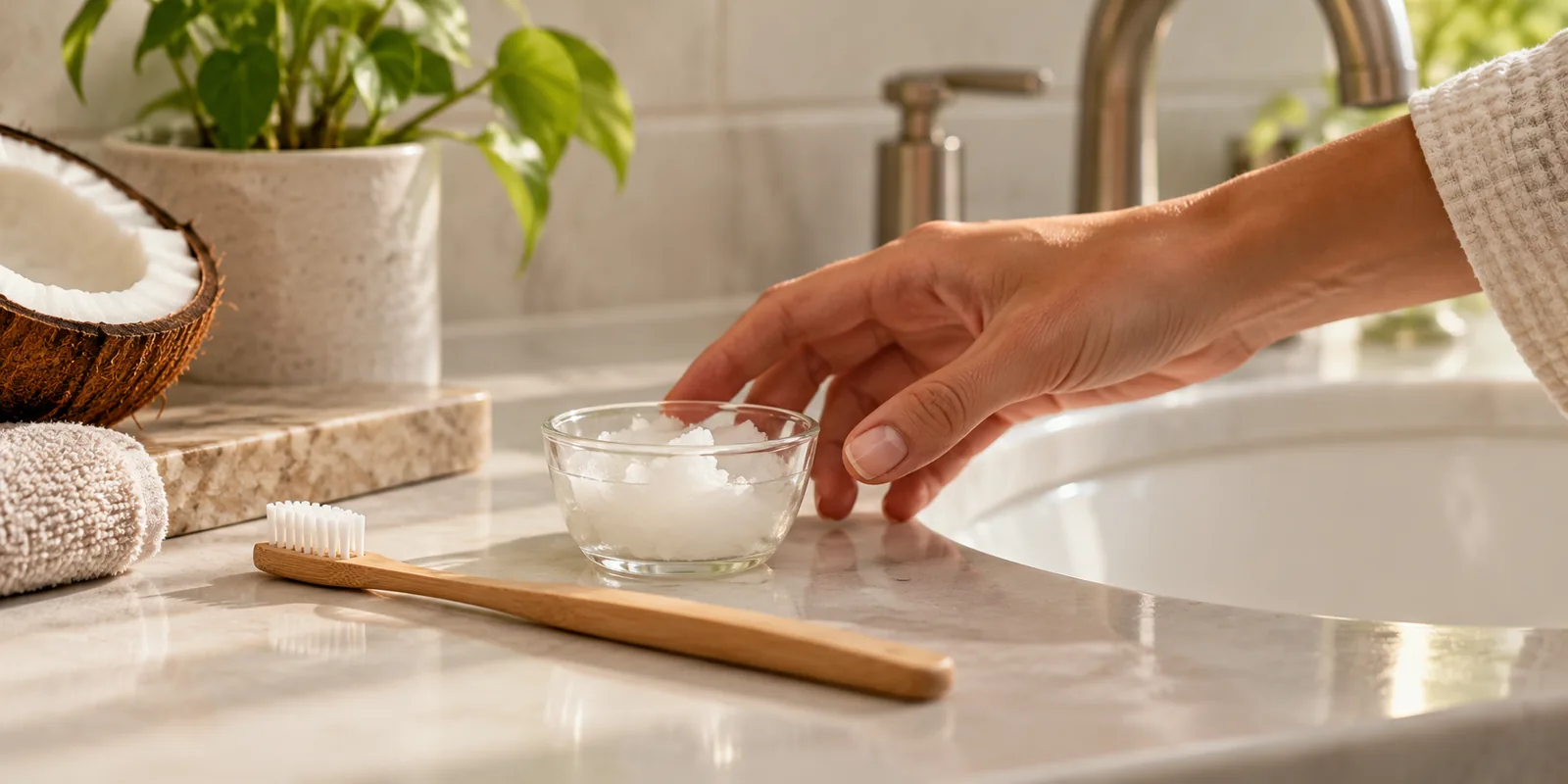 Coconut oil in a small glass bowl beside a toothbrush on a bathroom counter