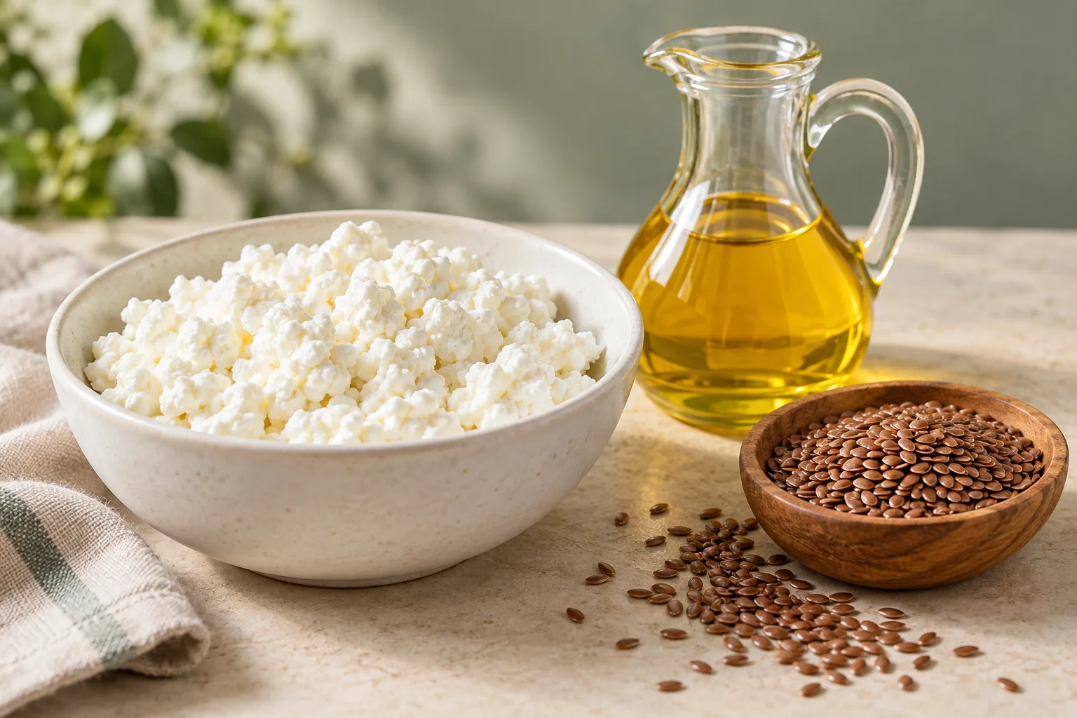 Cottage cheese, flaxseed oil and brown flaxseeds on a kitchen table