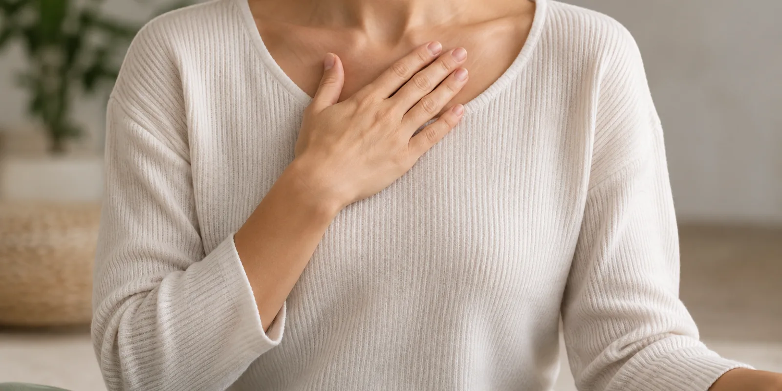 Hand placed at the collarbone during an EFT collarbone breathing practice