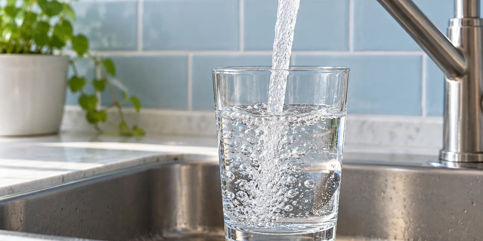 Glass filled from a kitchen faucet for a fluoride in drinking water article