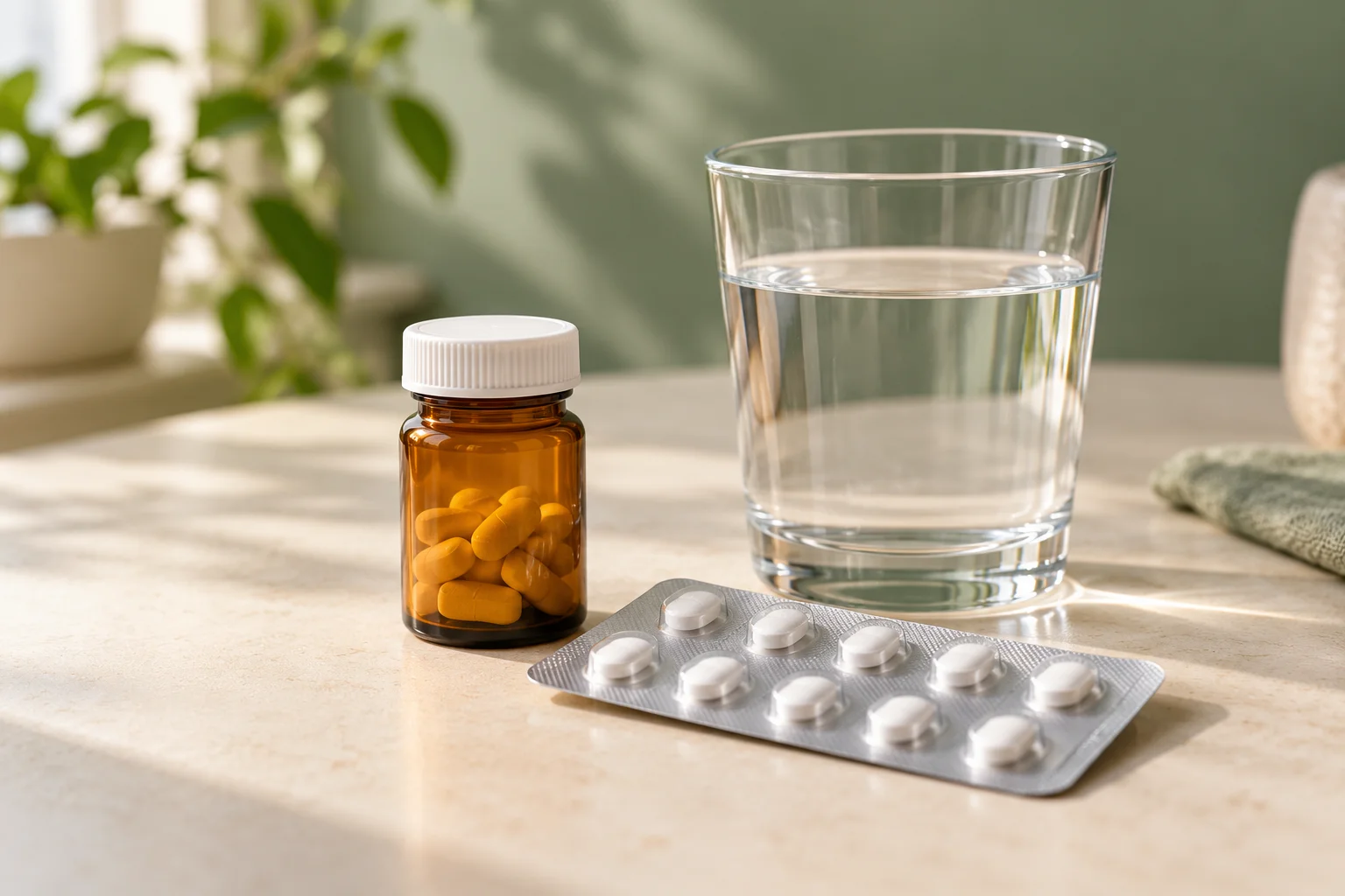Medicine bottle, blister pack and glass of water on a sunlit table