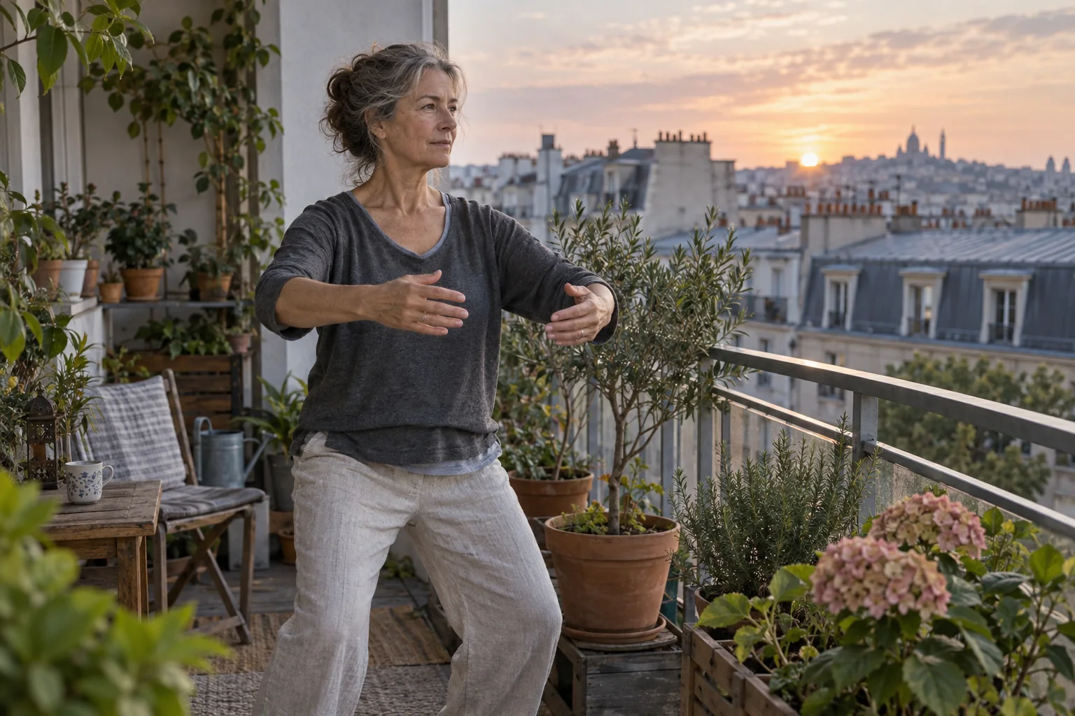 Woman practicing a gentle standing qigong movement on her balcony at sunrise