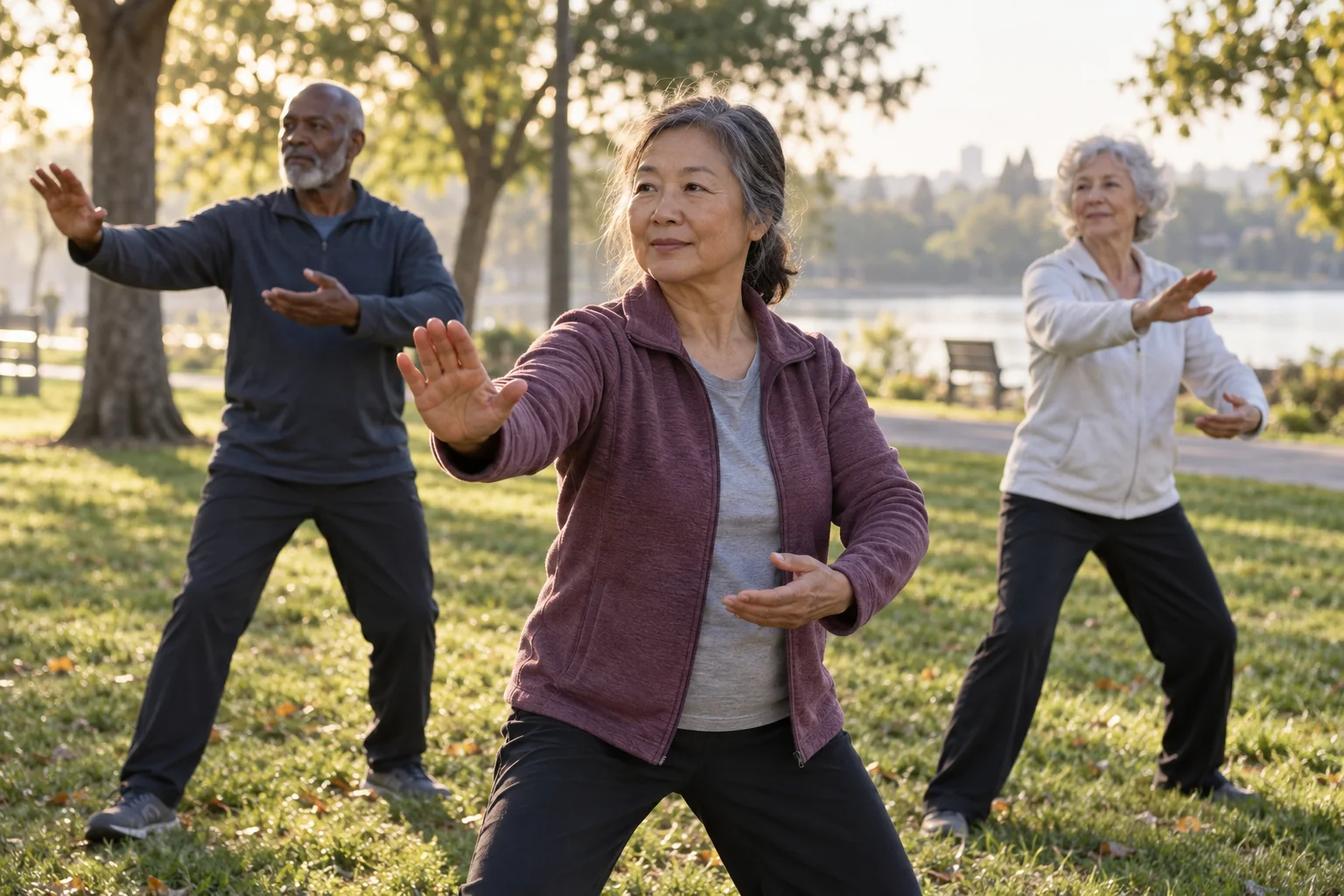 Three older adults practicing gentle qigong movements together in a park