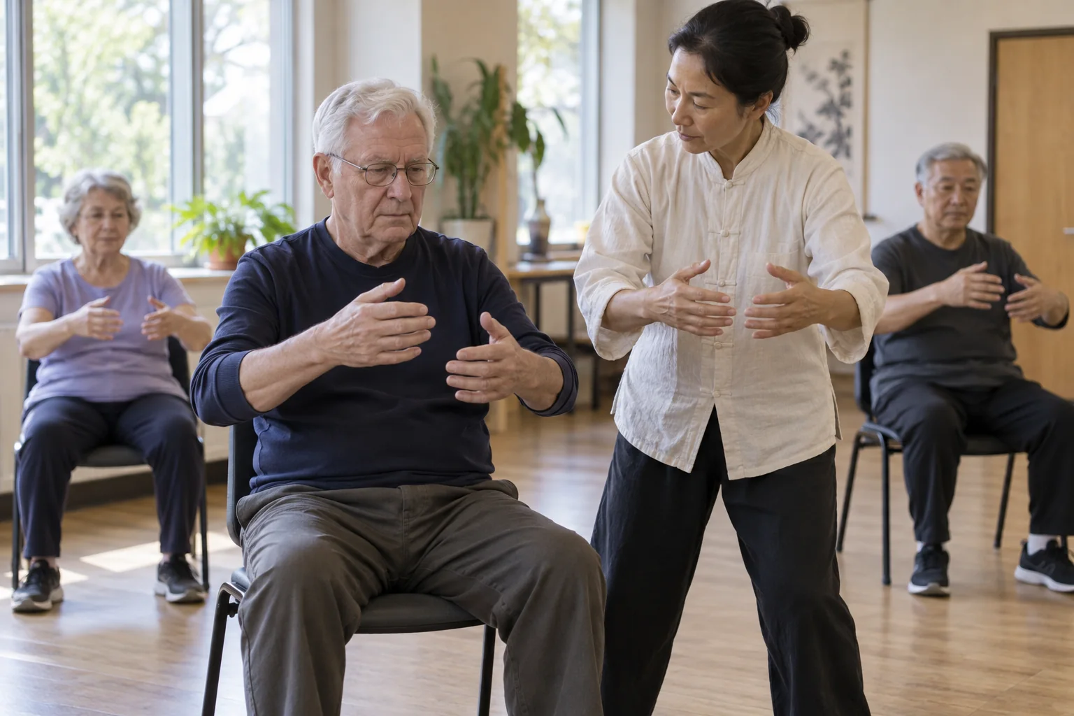 Instructor guiding an older adult through seated qigong in a community class