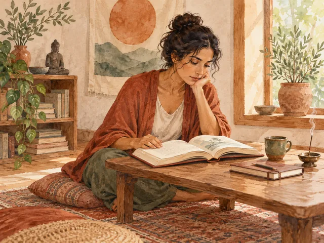 Adult studying a philosophy book beside a notebook
