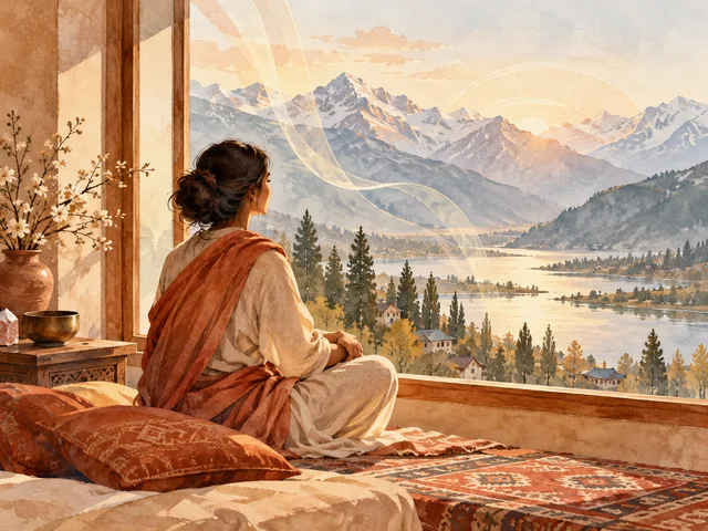 Adult contemplating a mountain landscape