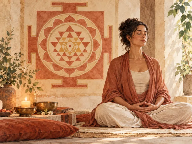 Adult meditating near a geometric mandala and candle